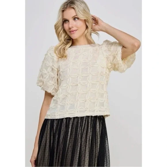Anthropologie Sarah Hann Ivory Puff-Sleeve Textured Blouse - Picture 4 of 9